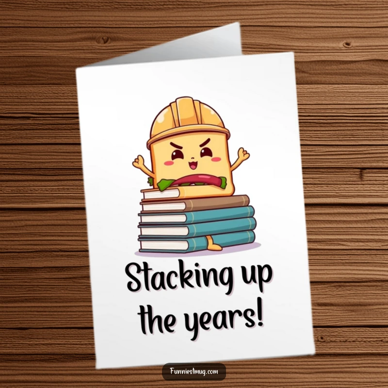 Funny Free Printable Birthday Card: Sandwich in hard hat struggles to balance a tall stack of wobbly books.
