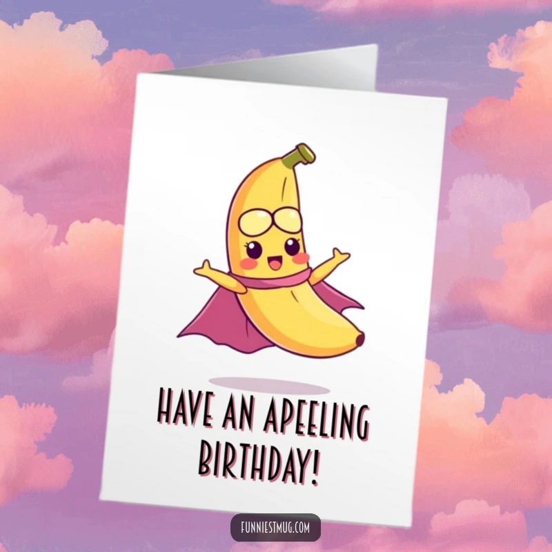 Funny free printable birthday card: a mischievous banana wearing a cape attempts to fly, a heroic downloadable gift.