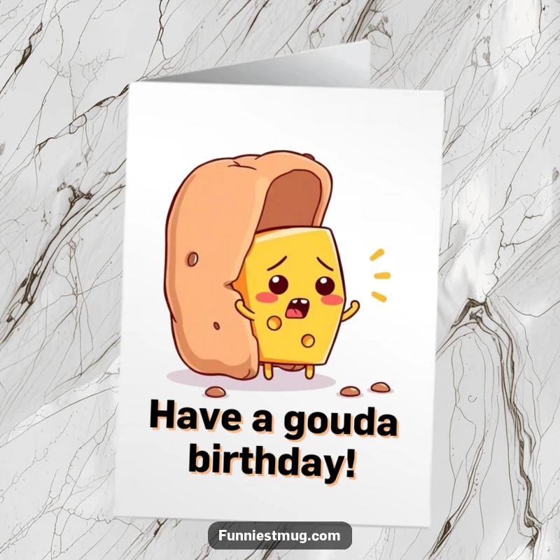 Funny Free Printable Birthday Card: Flustered cheese character flees giant cracker, a comical escape artist.