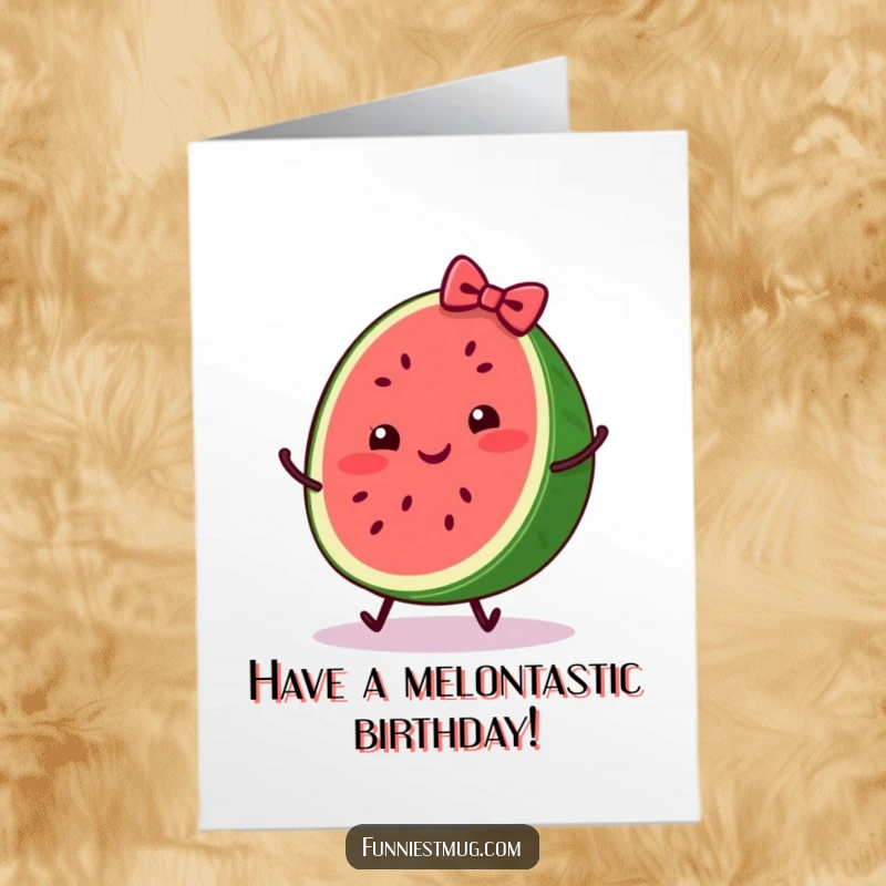 Funny free printable birthday card: a cheerful watermelon slice with a bow comically trips, a delightful downloadable gift.