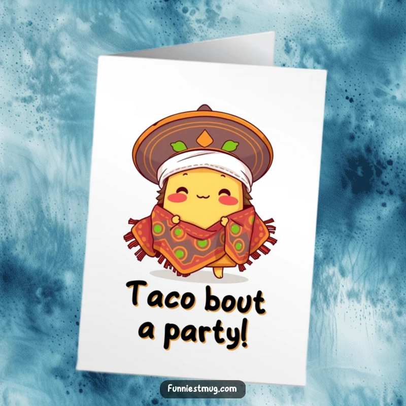 Funny Free Printable Birthday Card: Proud taco character comically uses sombrero as a cozy blanket, ready to party.