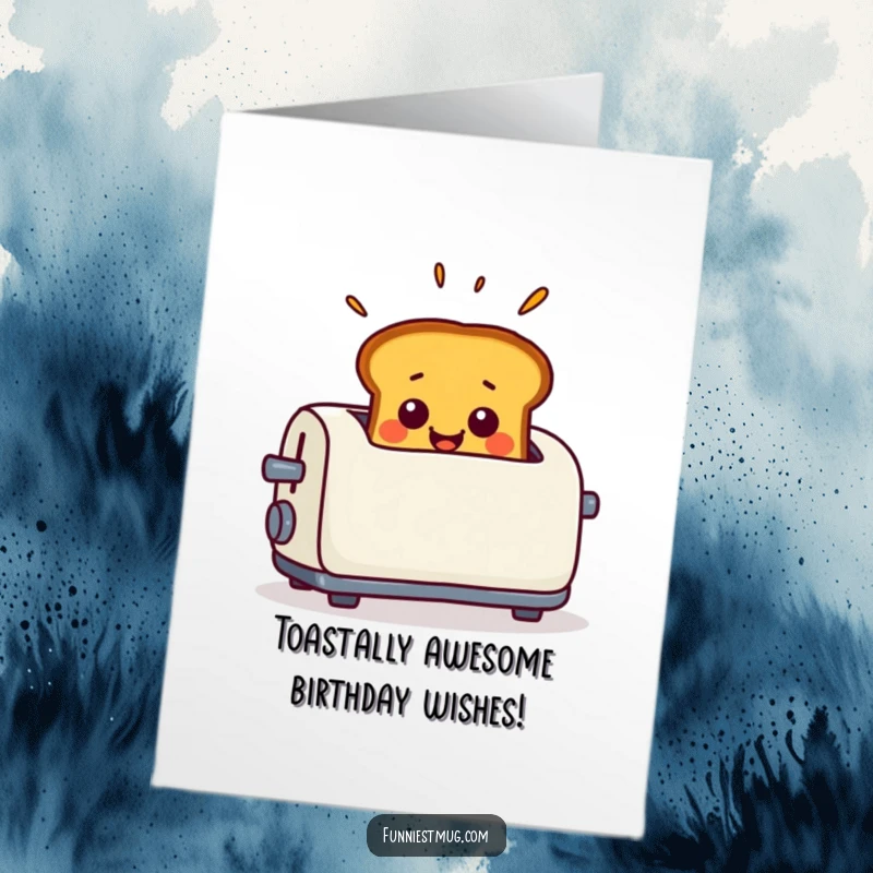 Funny Free Printable Birthday Card: Smiling toast popping out of a toaster with exaggerated surprise, a delightful breakfast moment, downloadable art.