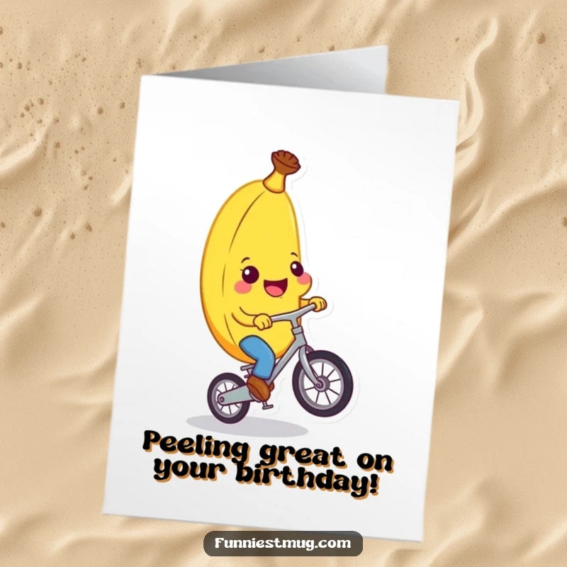 Funny Free Printable Birthday Card featuring a grinning banana character comically riding a tiny unicycle, a perfect downloadable gag gift.