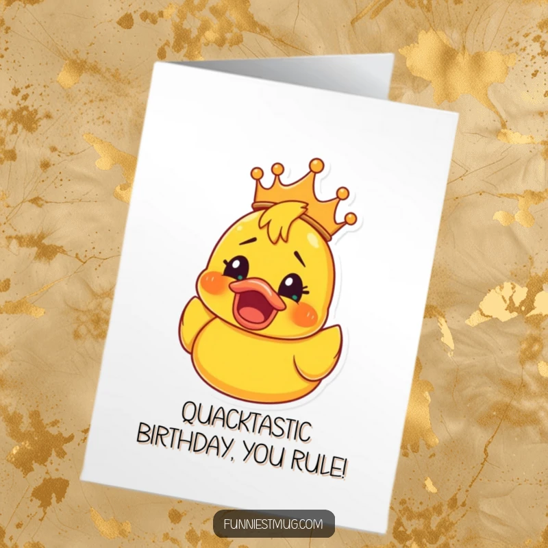 Funny Free Printable Birthday Card: A crowned rubber ducky looks shocked, perfect for a humorous birthday wish.
