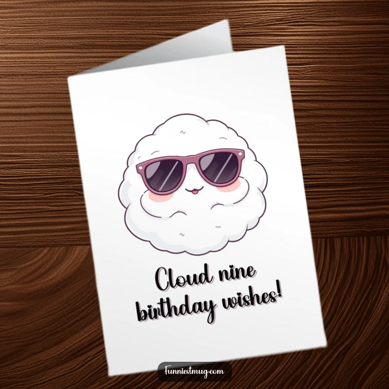 Funny Free Printable Birthday Card: Cute, fluffy cloud character comically wearing oversized sunglasses.