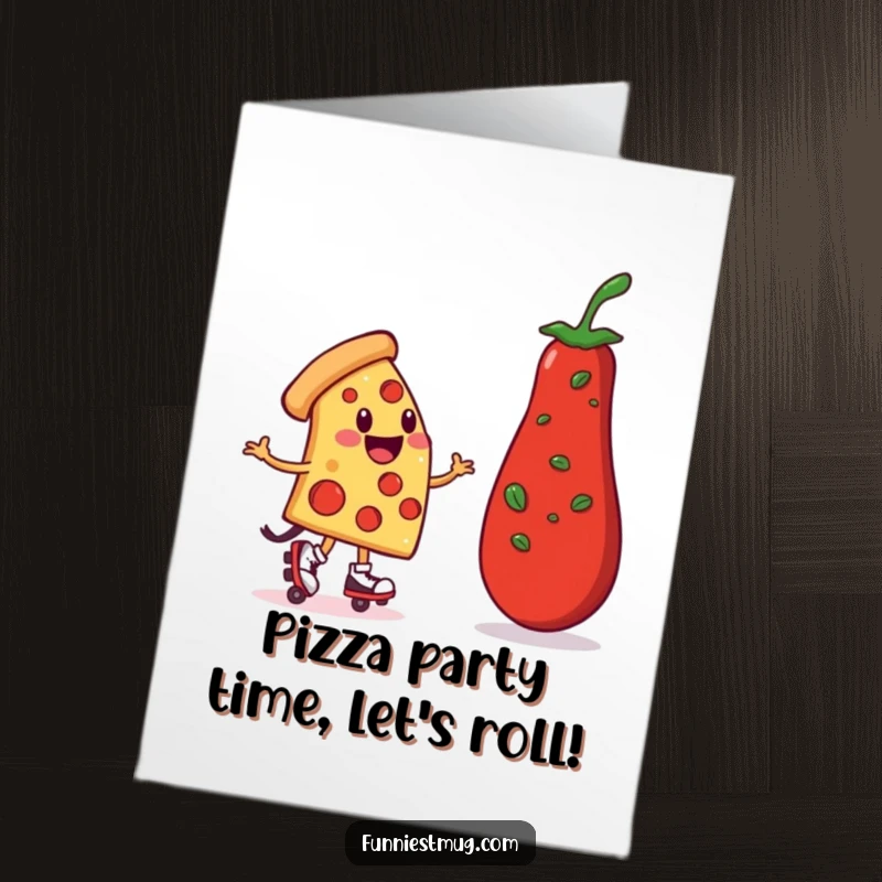 Funny Free Printable Birthday Card: Smiling pizza slice in roller skates wobbling towards a giant pepperoni.