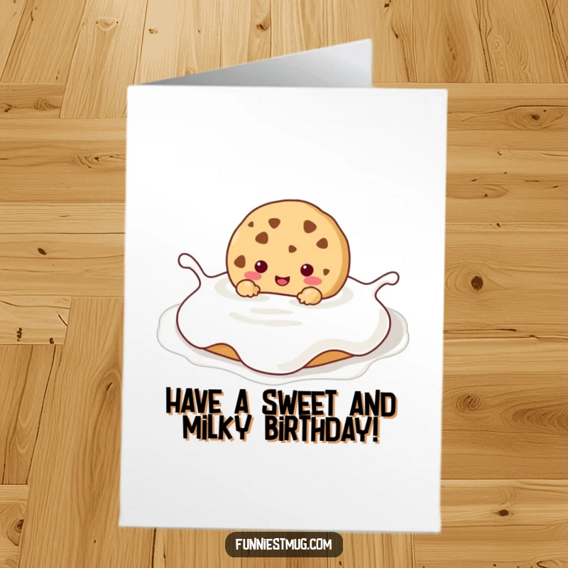 Funny Free Printable Kawaii cookie character joyfully submerged in a huge milk puddle on a birthday card, pure bliss.