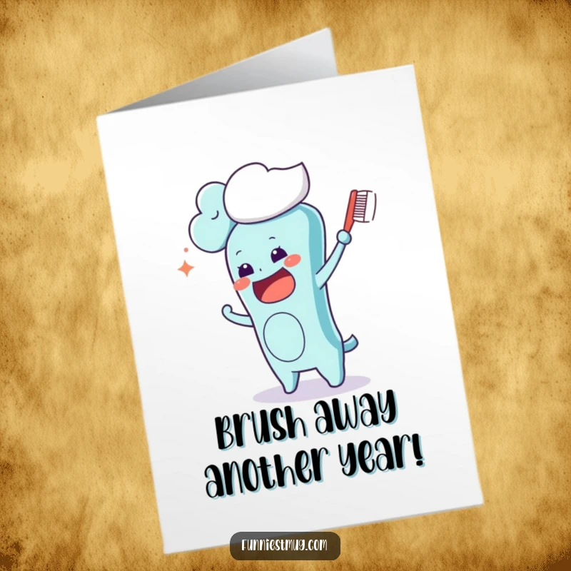 Funny Free Printable Birthday Card: Kawaii toothbrush frantically brushes a fluffy cloud, a whimsical and humorous design.