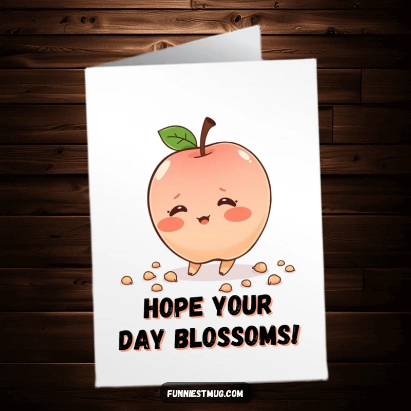 Free Printable Birthday Card: Shy, blushing apple character comically tripping and scattering seeds. A funny, relatable birthday wish.