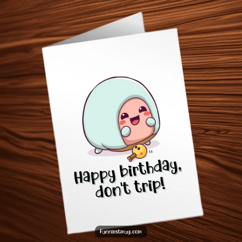 Funny Free Printable Kawaii house slipper character tripping over a toy on a birthday card, comically chaotic.