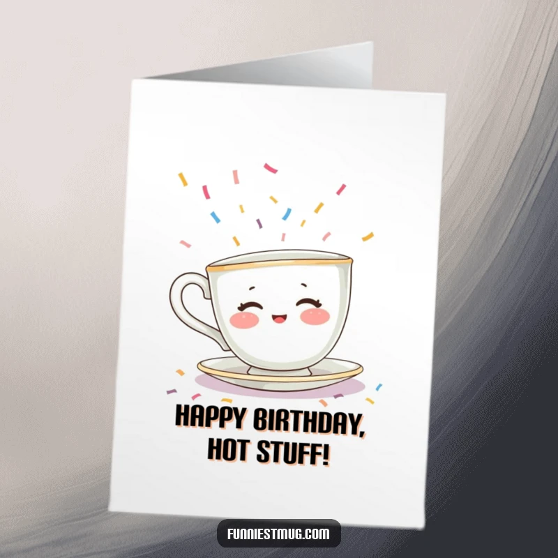 Funny Free Printable Birthday Card: Shy teacup character with rosy cheeks flees a flood of tiny colorful sprinkles.