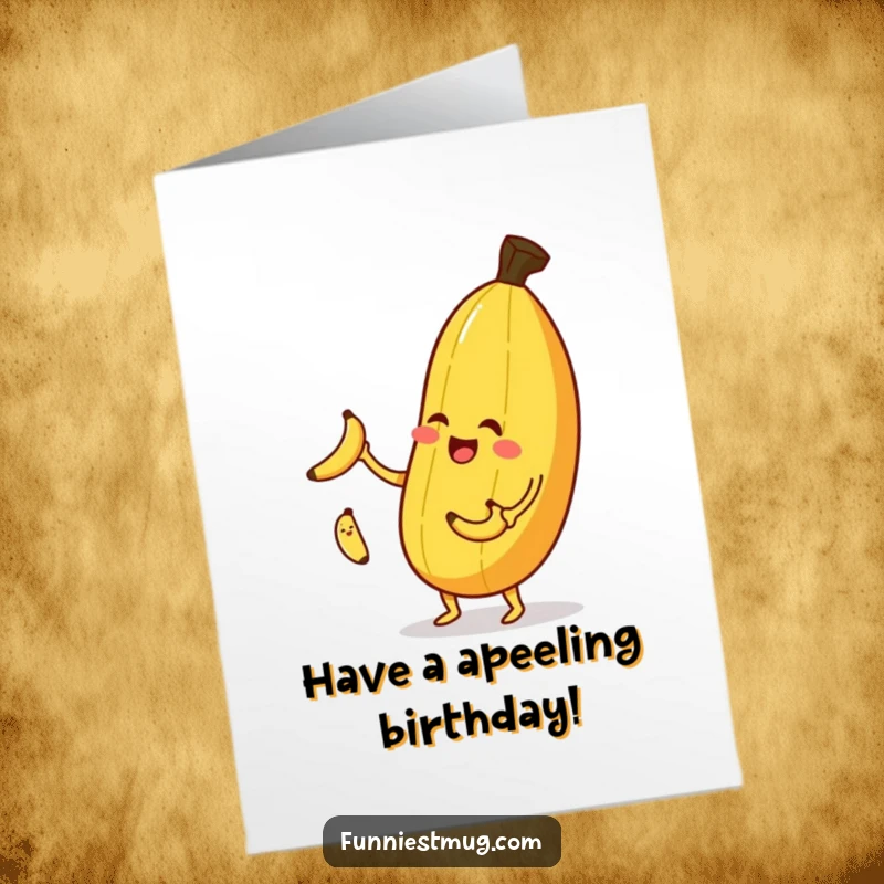 Funny Free Printable Birthday Card: A joyful banana juggling tiny bananas with a mischievous wink, celebrating with fruity fun.