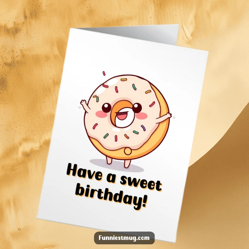 Funny Free Printable Birthday Card: Happy donut with flying frosting and sprinkles does a cartwheel, pure joy.