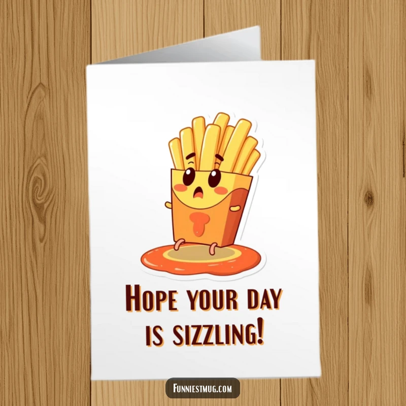 Funny Free Printable Birthday Card: Surprised french fry with tiny legs escaping a ketchup pool, a humorous downloadable gift.