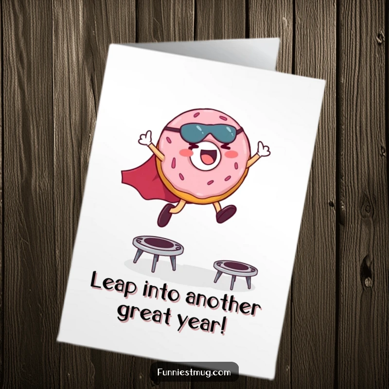 Funny Free Printable Birthday Card: Giggling donut in a cape leaping over trampolines, celebrating a super birthday.