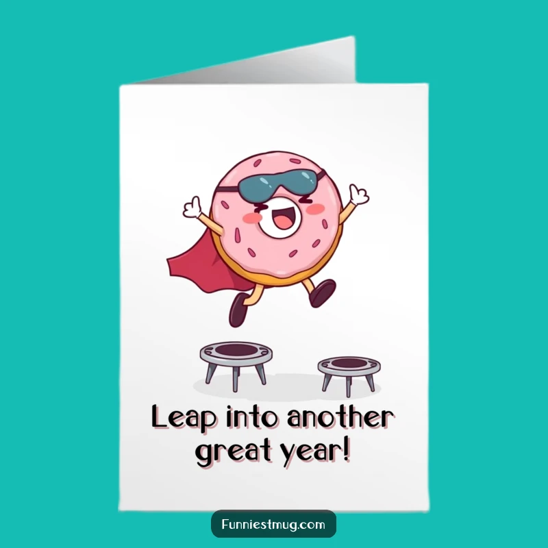 Free Printable Birthday Card: Donut Superhero Leap - Funny Downloadable Celebration Gift