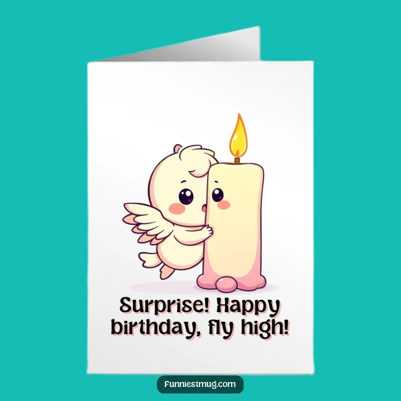Free Printable Birthday Card: Winged Character & Candle - Funny Downloadable Gift