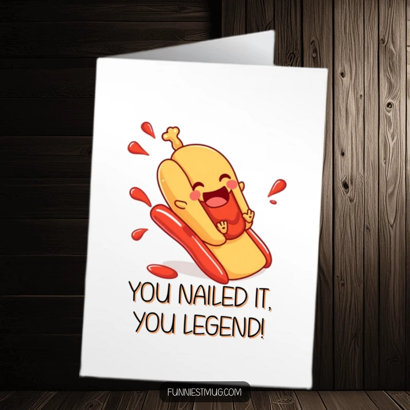 Funny Free Printable Congratulations Card featuring a hot dog in a bun joyfully sliding down a ketchup slide to celebrate.