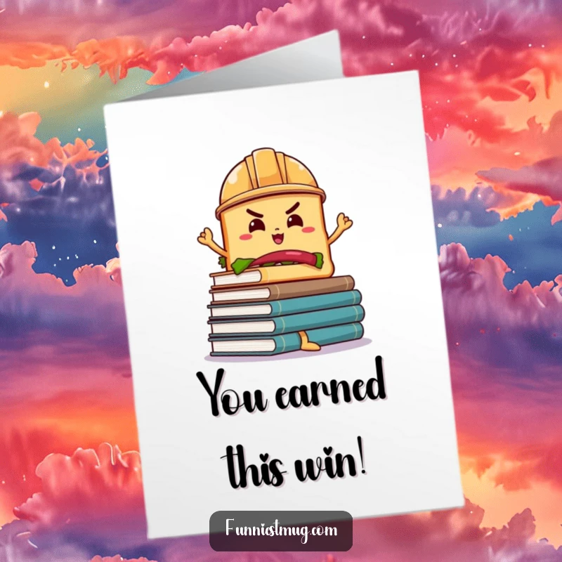 Funny Free Printable Congratulations Card: Sandwich wearing a hard hat precariously balances a stack of books.