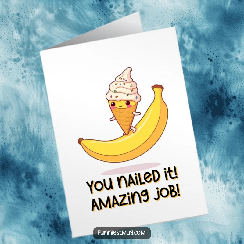 Funny Free Printable Congratulations Card: Ice cream cone slips dramatically on a banana peel, sprinkles everywhere.