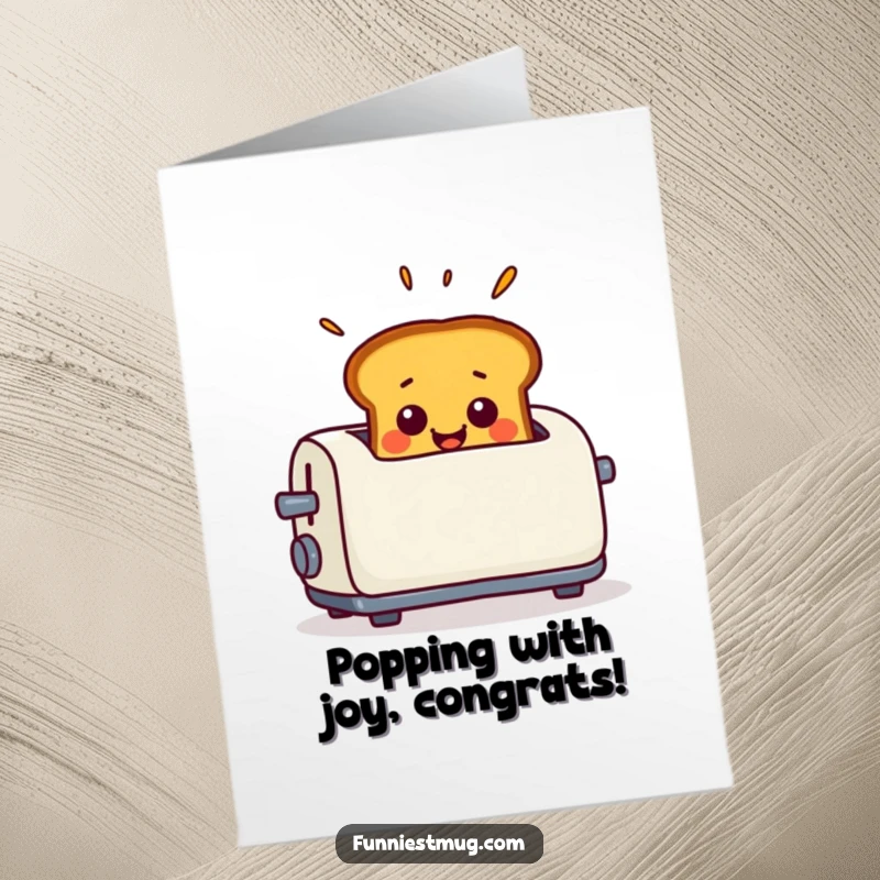 Funny Free Printable Congratulations Card: Toast leaping from a toaster with wide-eyed surprise, celebrating success, downloadable art.