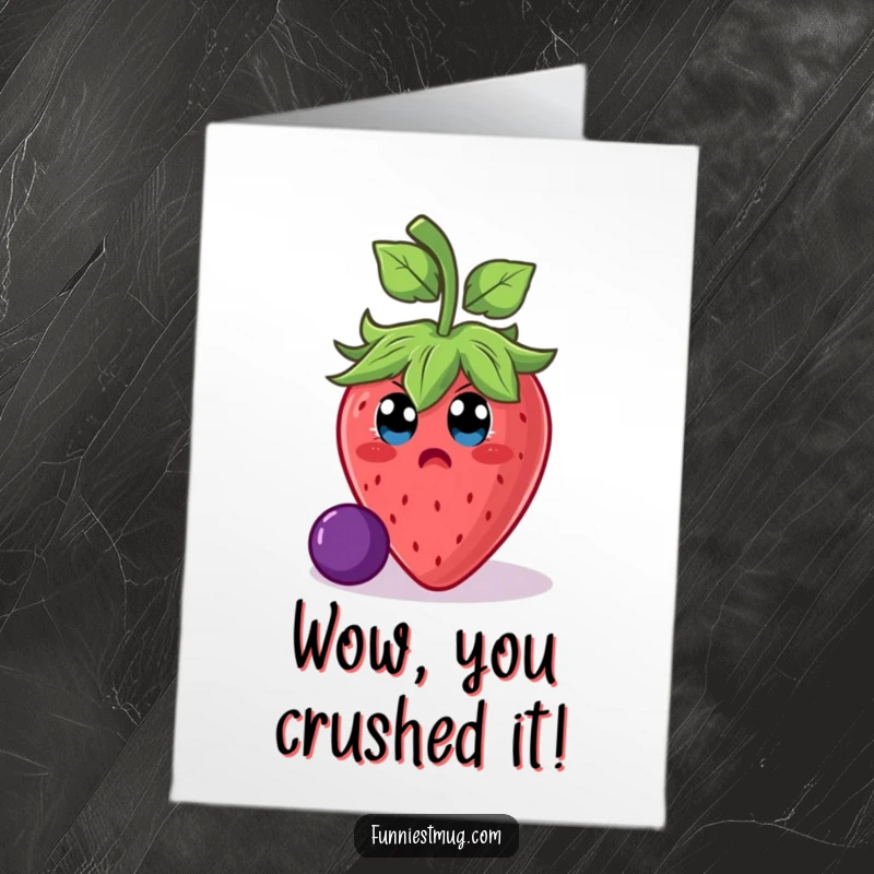 Funny Free Printable Congratulations Card depicting a shocked strawberry character losing its footing on a slippery grape, a comical win celebration.