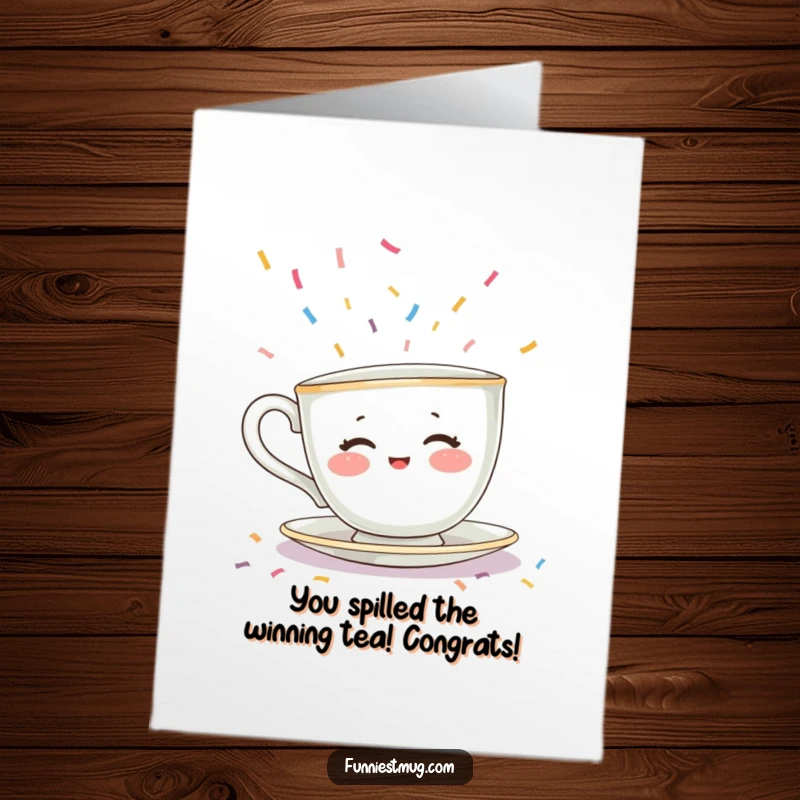 Funny Free Printable Congratulations Card: Shy teacup character with rosy cheeks flees a flood of tiny colorful sprinkles.