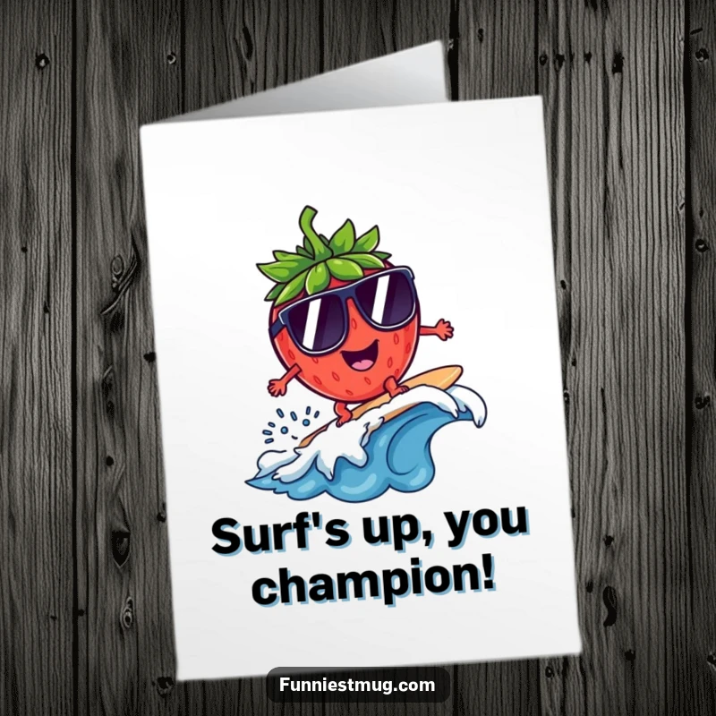 Free Printable Congratulations Card: Strawberry character in sunglasses surfing with style on a small wave.