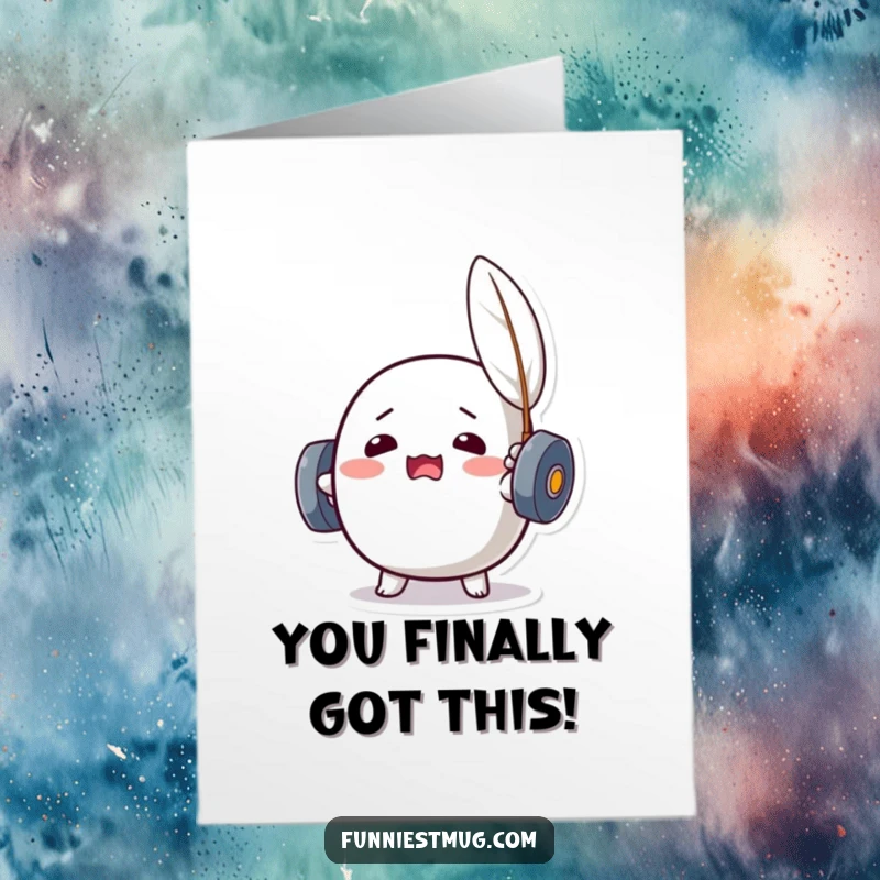 Funny Free Printable Kawaii dumbbell character struggling to lift a feather, congratulating success with relatable gym humor.