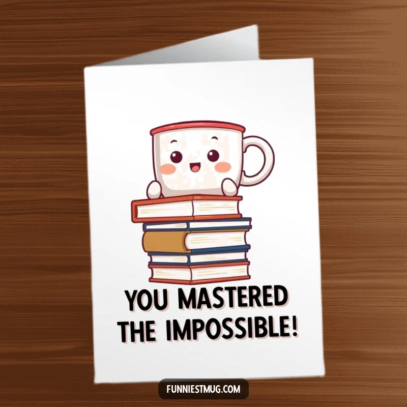 Funny free printable congratulations card: Kawaii coffee mug triumphantly balancing a huge stack of books, celebrating achievement.
