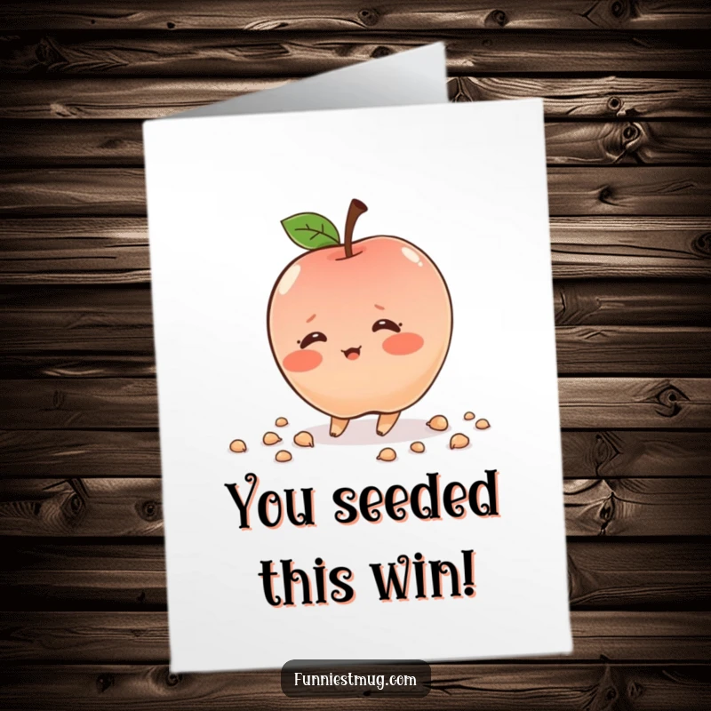 Free Printable Congratulations Card: Shy, blushing apple character tripping and scattering seeds, celebrating success with a cute stumble.