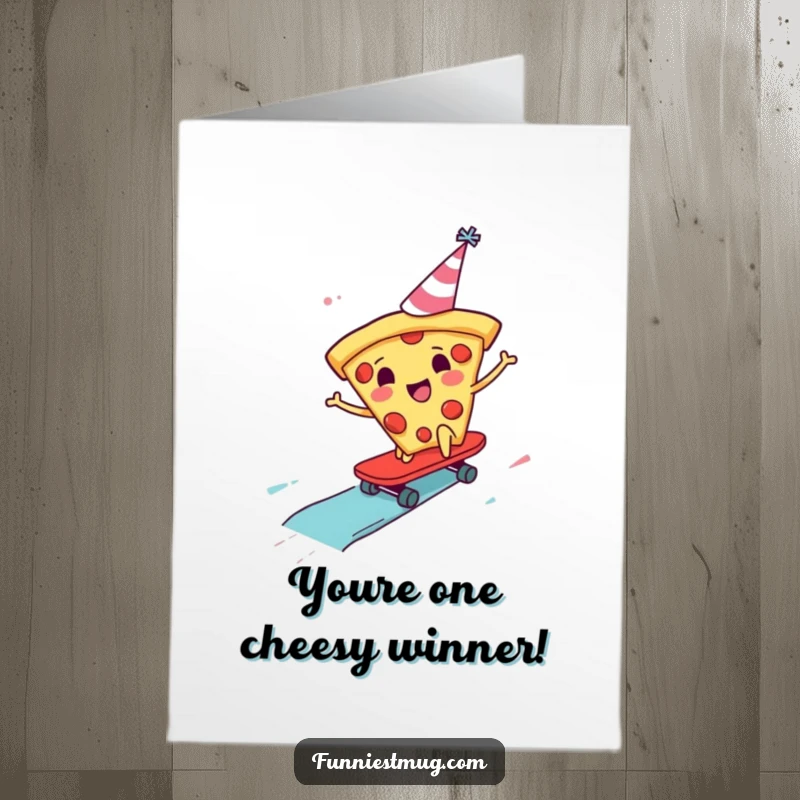 Funny Free Printable pizza congratulations card, a pizza slice in a party hat skateboarding on sauce.