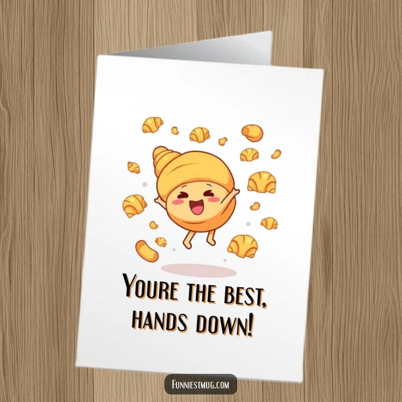Funny Free Printable Congratulations Card: Giggling croissant cartwheeling with flying pastries, celebrating success, a unique downloadable gift.