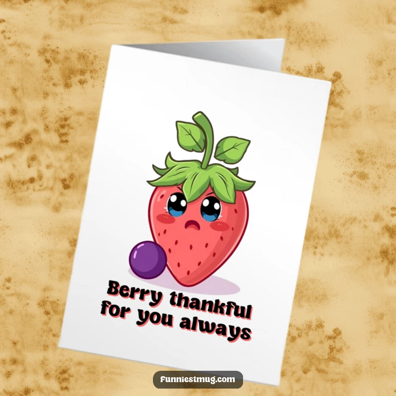 Funny Free Printable Thank You Card showcasing a wide-eyed strawberry character slipping dramatically on a single grape, a comical way to say thanks.