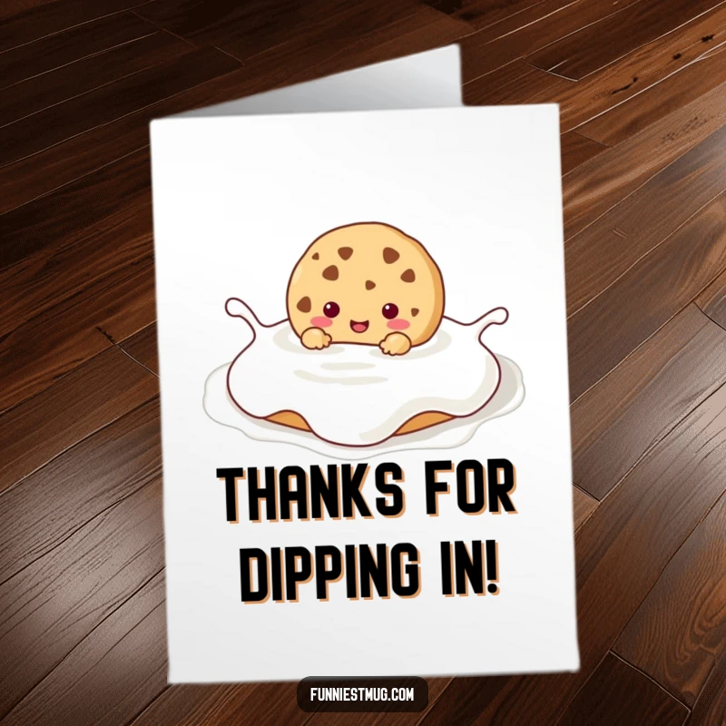 Funny Free Printable Kawaii cookie character gleefully drowning in a giant milk puddle, expressing sincere thanks with humor.