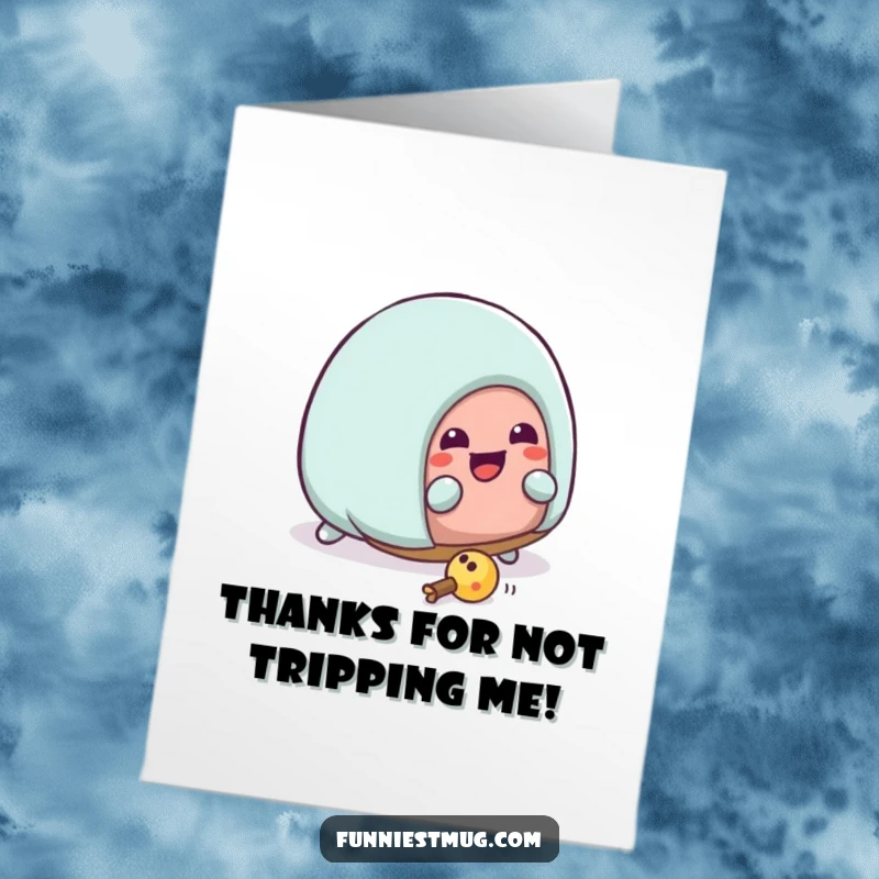 Funny Free Printable Kawaii house slipper character tripping over a toy, expressing thanks with humorous clumsiness.