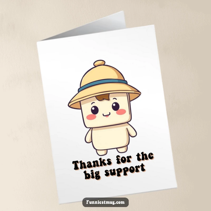 Funny Free Printable Thank You Card: A happy blocky character is overwhelmed by a huge hat, offering thanks from under the brim.