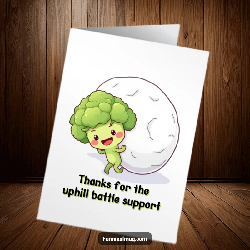 Funny Free Printable Thank You Card: Broccoli looks grateful after pushing a snowball, a unique way to say thanks.