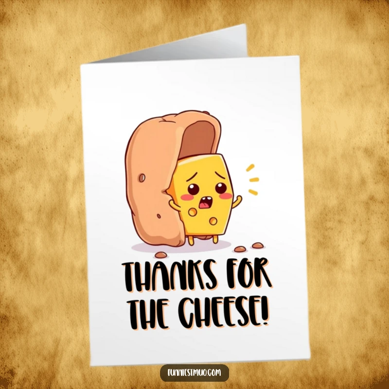 Funny Free Printable Thank You Card: Flustered cheese character escapes cracker, a humorous expression of gratitude.