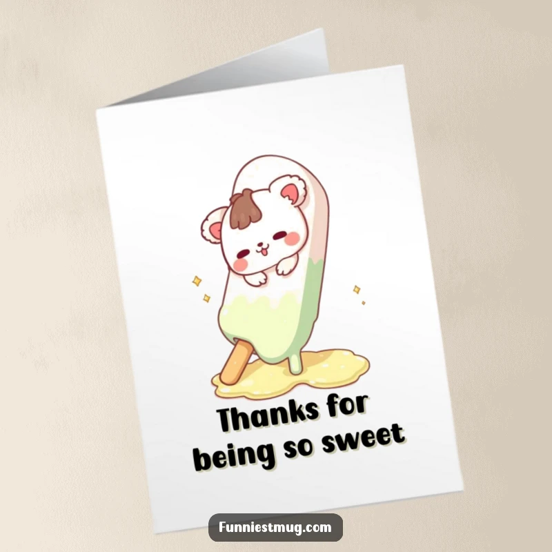 Funny Free Printable Thank You Card showing a cute animal slipping adorably on a huge melting chocolate bar.
