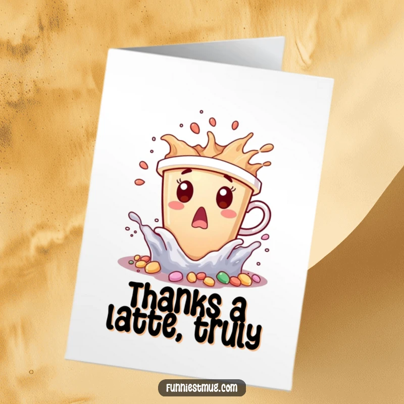 Funny Free Printable Thank You Card of a coffee cup surprised by tiny candy waves, a delightful DIY gift.