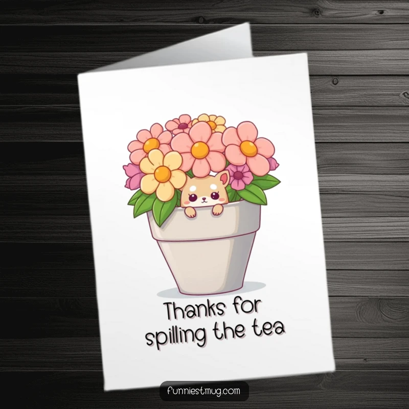 Funny Free Printable Thank You Card: Small creature peeking out of a huge teacup, conveying thanks with a quirky smile.