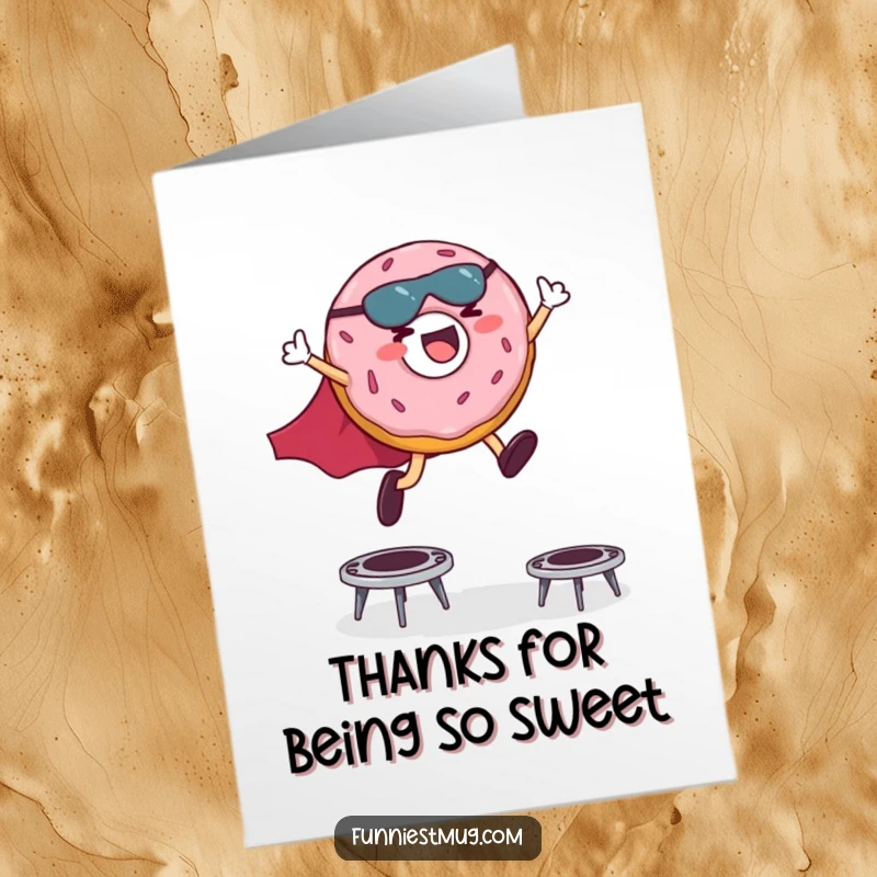 Funny Free Printable Thank You Card: Donut superhero leaps, joyfully expressing thanks with energy.