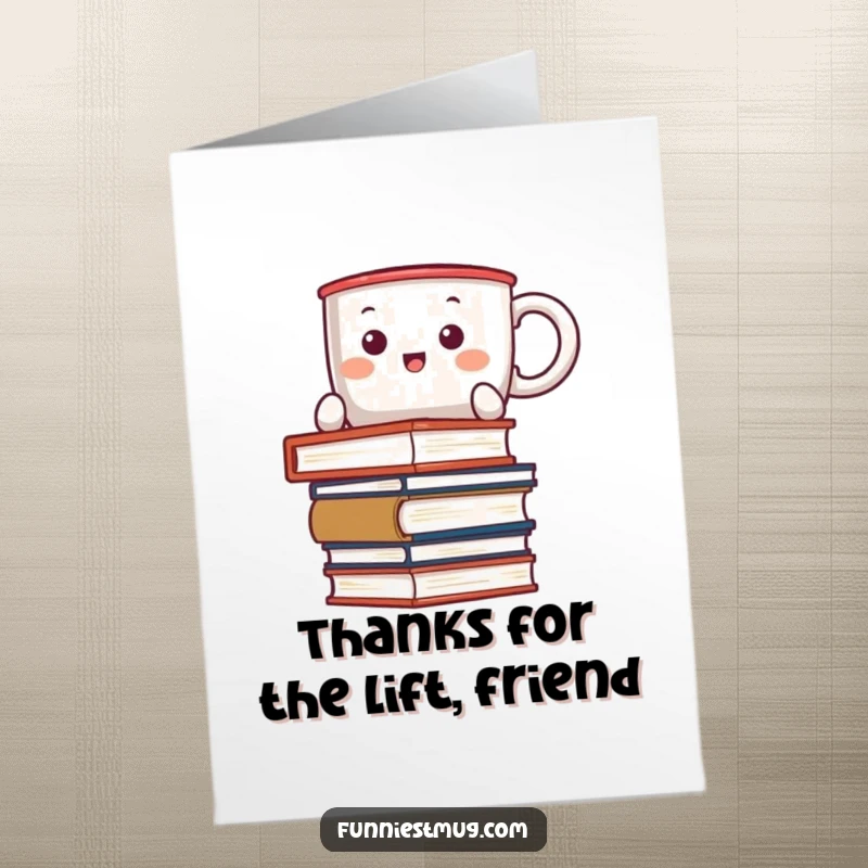 Funny free printable thank you card: Kawaii coffee mug struggling to balance books, showing gratitude with humor.