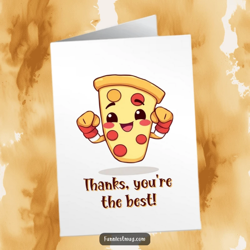 Funny Free Printable Thank You Card of a happy pizza slice flexing its boxing gloves, delivering thanks.
