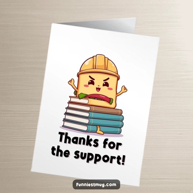 Funny Free Printable Thank You Card: Determined sandwich wearing a hard hat attempts to balance a precarious stack of books.