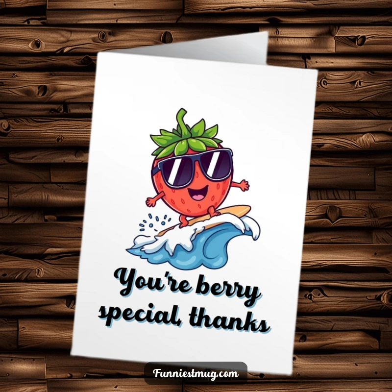 Funny Free Printable Thank You Card: Strawberry character wearing sunglasses, surfing a tiny wave.