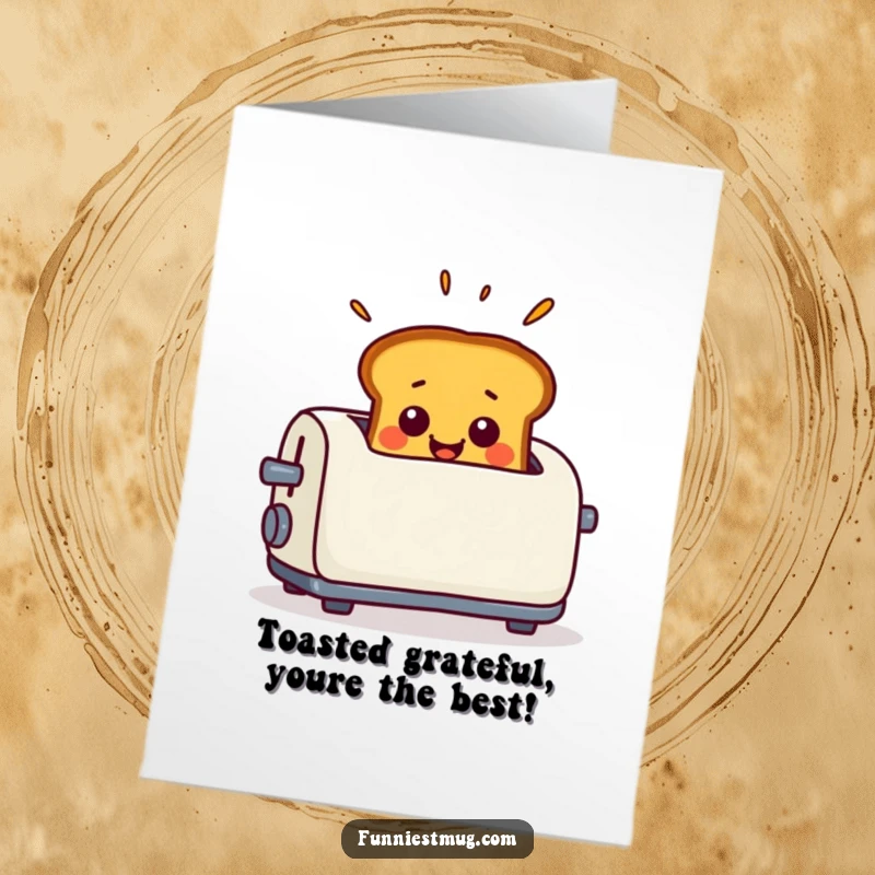 Funny Free Printable Thank You Card: Toast pops out of a toaster in exaggerated surprise, conveying thanks with humor, downloadable art.
