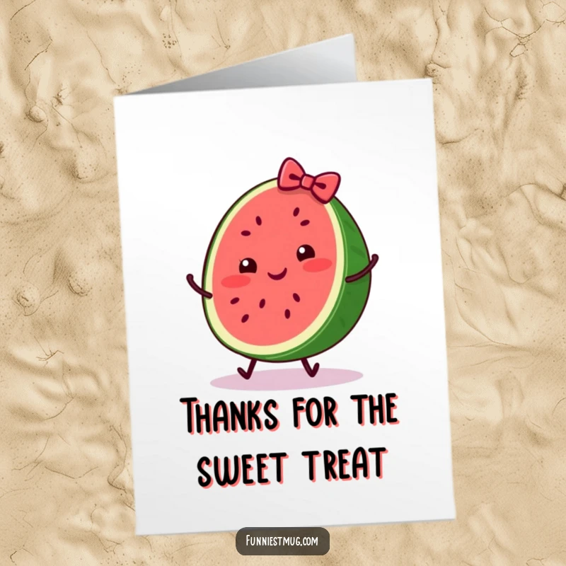 Funny free printable thank you card: a cheerful watermelon slice with a bow comically trips, a delightful downloadable.