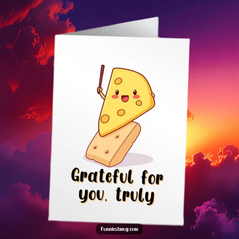 Funny Free Printable Thank You Card: Cheese wedge pole vaulting boldly over a cracker, a humorous downloadable gift of thanks.